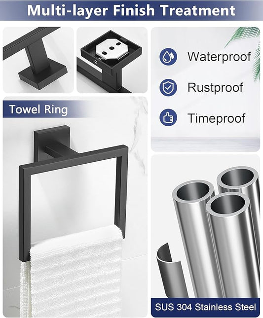 Matte Black Bathroom Hardware Set 4 Pieces, Toilet Paper Holder Set SUS304 Stainless Steel Bath Hand Towel Ring Set for Bathroom Hardware Accessories Set Wall Mounted