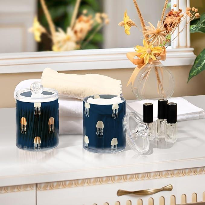 Qtip Holder Bathroom Set Q tip Cotton Ball Swab Pad Dispenser Container Organizer Plastic Jars with Lids Storage 2Pack Watercolor Sea Octopus Beige - ModernBath
