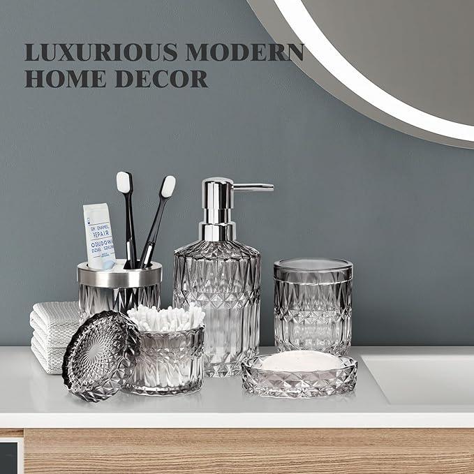 Ulable Bathroom Accessories Set, 5Pcs Bathroom Soap Dispenser Set, Glass Bathroom Accessories with Glass Soap Dispenser, Soap Dish, Toothbrush Holder, Tumbler, Cotton Swab Jar (Gradient Black & Clear) - ModernBath