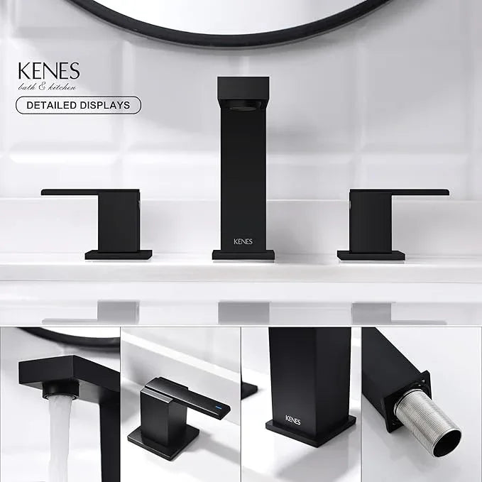 KENES Matte Black Widespread Bathroom Faucet Two Handle Bathroom Sink Faucets Black 3 Hole, 8-Inch 3 Pieces Bathroom Vanity Faucet Lavatory Faucet with Supply Lines, KE-9050-2 - ModernBath