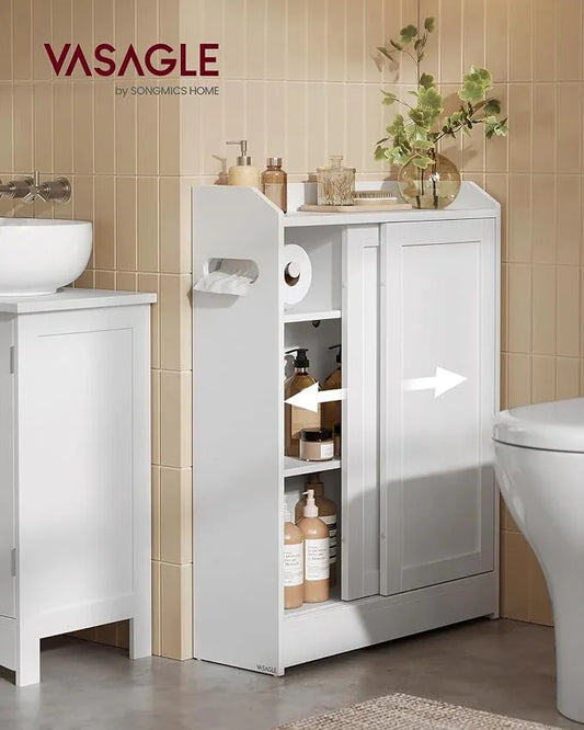 VASAGLE Narrow Storage Cabinet, Slim Floor Cabinet with Sliding Doors, Toilet Paper Holder and Brush Compartment, for Bathroom and Living Room, 7.9 x 23.6 x 31.5 Inches, Cloud White UBBC752W01 - ModernBath