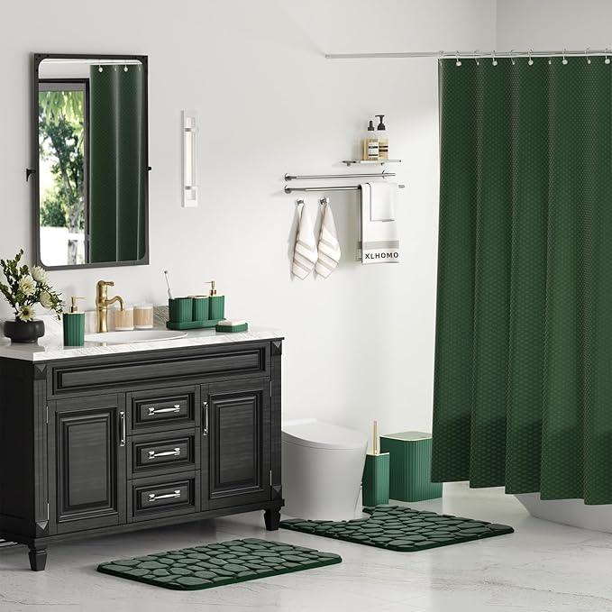 XLHOMO Bathroom Accessory Set - 25PC Green Bathroom Sets, Bathroom Set with Shower Curtain and Rugs, Dark Green Shower Curtain Set, Trash Can, Qtip Holder Dispenser & Soap Dispenser - ModernBath