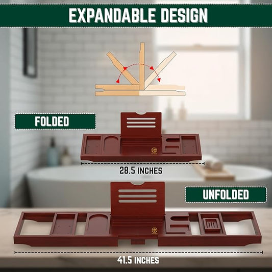 Bamboo Bathtub Caddy Tray Expandable & Foldable Bath Shelfwith Book, Tablet & Wine Holder Adjustable Wooden Bath Tray for Relaxing Spa atHome – Fits Most Tub Sizes.