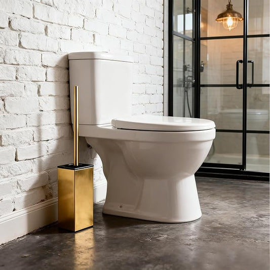 Toilet Brush and Holder Set, NEWRAIN Stainless Steel Toilet Brush with Long Brush Handle, Brushed Gold Toilet Scrubber and Covered Holder, Square Design Sturdy and Space Saving, Covered Brush