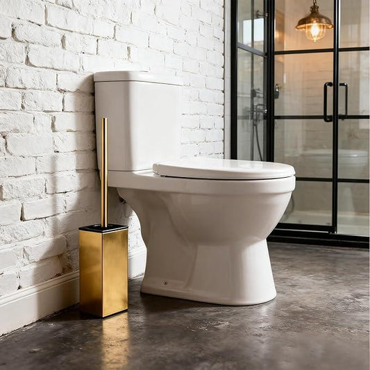 Toilet Brush and Holder Set, NEWRAIN Stainless Steel Toilet Brush with Long Brush Handle, Brushed Gold Toilet Scrubber and Covered Holder, Square Design Sturdy and Space Saving, Covered Brush - ModernBath