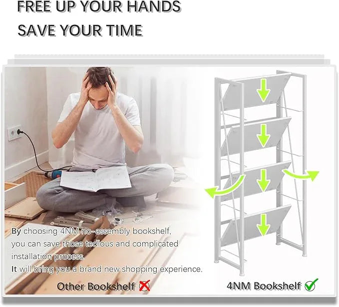 4NM No Assembly Folding Bookshelf Storage Shelves 4 Tiers Vintage Bookcase Standing Racks Study Organizer Home Office (All White) - ModernBath