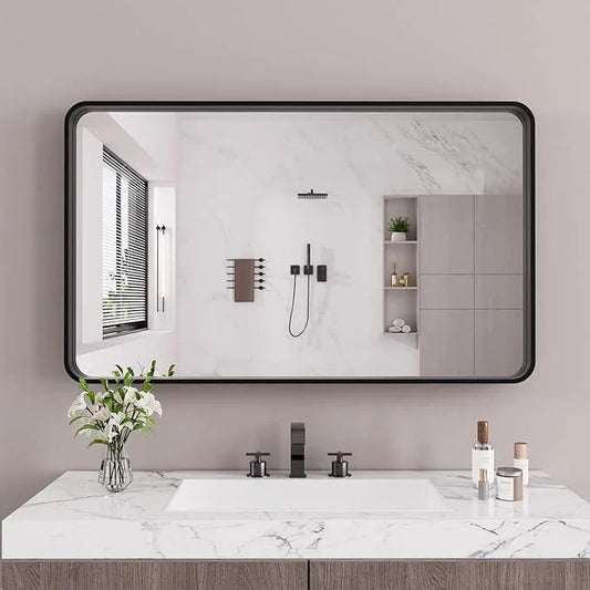 JISOSO Black Bathroom Mirror 72X40 Inch, Black Metal Framed Mirror for Wall, Rounded Rectangle Matte Bathroom Vanity Mirror with Tempered Glass, Anti-Rust, Horizontal/Vertical - ModernBath