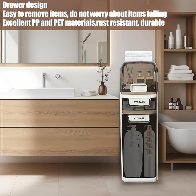 PULNDA 3-Tiers Slim Narrow Bathroom Storage Cabinet with Drawers, Waterproof Skinny Bathroom Storage Floor Cabinet with Tissue Box and Wheels for Small Spaces
