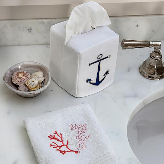 Jacaranda Living Square Tissue Box Cover, Linen/Cotton Fabric Tissue Holder, Decorative Cloth Tissue Cube Cover, Coastal Designs Standing Anchor (Navy)