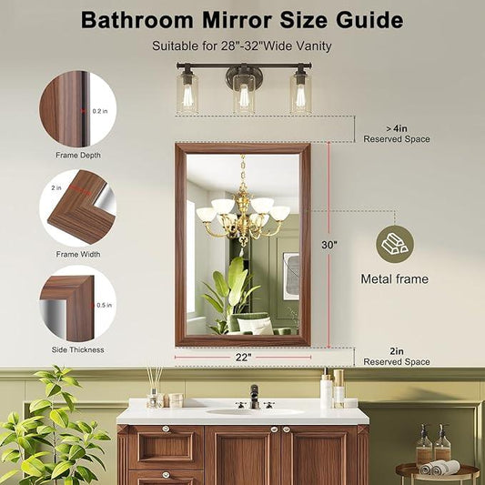 Bathroom Mirror for Over Sink,22x30Inch Thick Anti-Rust Wood Grain Metal Frame, Rectangle Decorative Wall Mirror with HD Tempered Glass, Horizontal or Vertical Mount for Vanity, Bathroom,Living Room - ModernBath