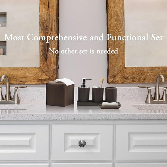 Bathroom Accessory Set - 10 Piece Brown Bathroom Accessories Set with Trash Can, Toothbrush Holder and Cup, Soap Dispenser, Soap Dish, Toilet Brush Holder, Vanity Tray, Qtip Holder, Tissue Box Cover