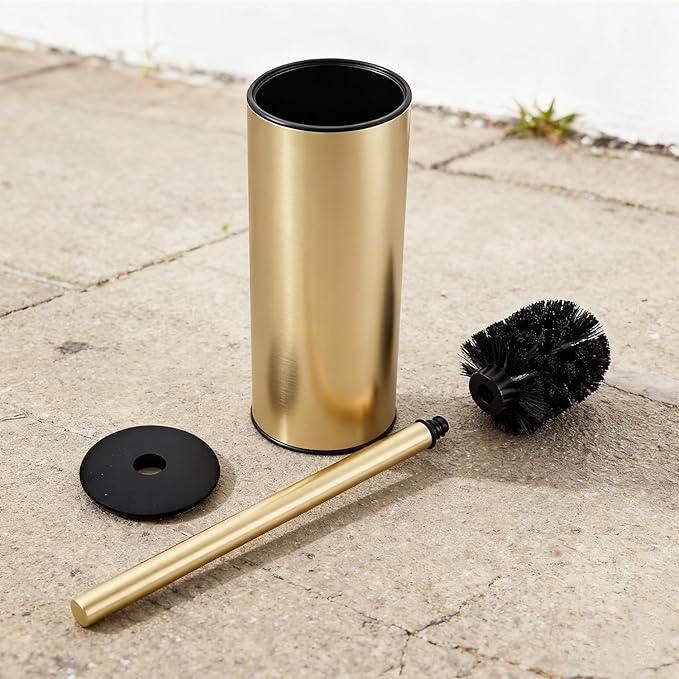 Toilet Brush and Holder Set, NEWRAIN 304 Stainless Steel Toilet Brush with Long Brush Handle, Brushed Gold Toilet Scrubber and Covered Holder, Round Design Sturdy and Space Saving, Covered Brush - ModernBath
