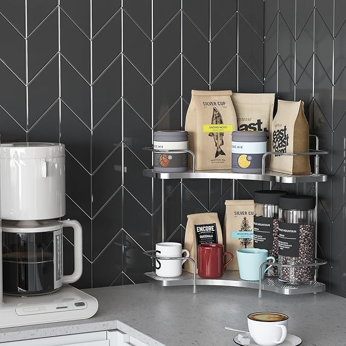 FOLLOWIN 2 Tier Bathroom Countertop Corner Organizer,Countertop Perfume Tray,Vanity Counter Shelf,Skincare Makeup Cosmetic Vanity Organizers,Silver