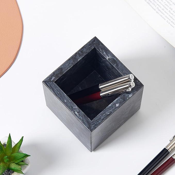 Real Natural Travertine Marble Toothbrush Holder & Pen Holder & Makeup Brush Holder & Utensil Holder, Genuine Stone Rectangular Bathroom Tumbler Cup, Durable Office & Home Countertop Organizer - ModernBath