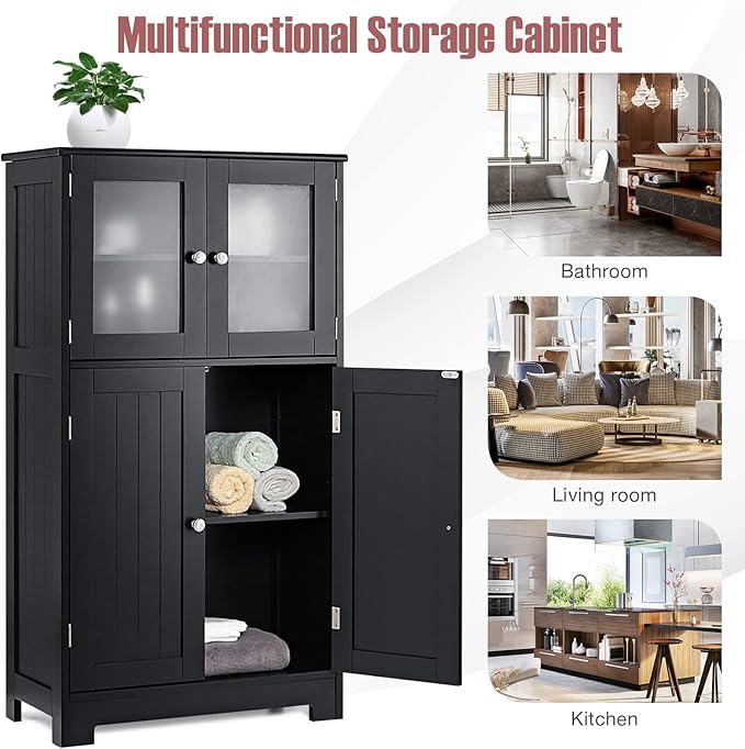 Tangkula Bathroom Floor Cabinet, Freestanding Storage Cabinet w/Glass Doors, Wood Kitchen Cupboard w/Adjustable Shelf, Bathroom Storage Cabinet for Hallway Living Room Office (Cabinets, Black)