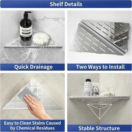 Corner Shower Shelf 10" Polished 304 Stainless Steel Recessed Corner Shelves with Slot Design Bathroom Grout in Shelf for Tiled Wall, 2 Pack - ModernBath