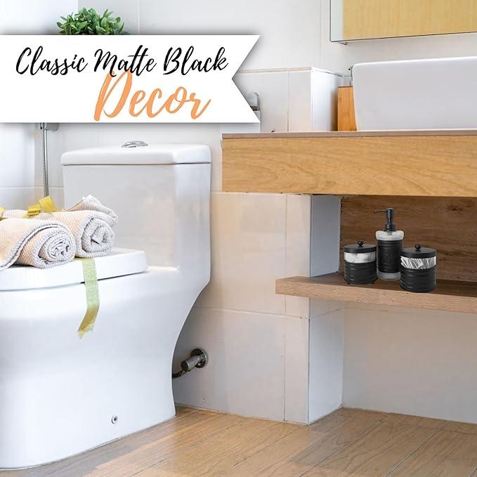 Autumn Alley Adorable 3 Piece Modern Farmhouse Bathroom Accessory Set for Sink/Vanity - Matte Black Soap Dispenser, Cotton Ball Container with Lid, Qtip Organizer – Rustic Farmhouse Bathroom Decor - ModernBath