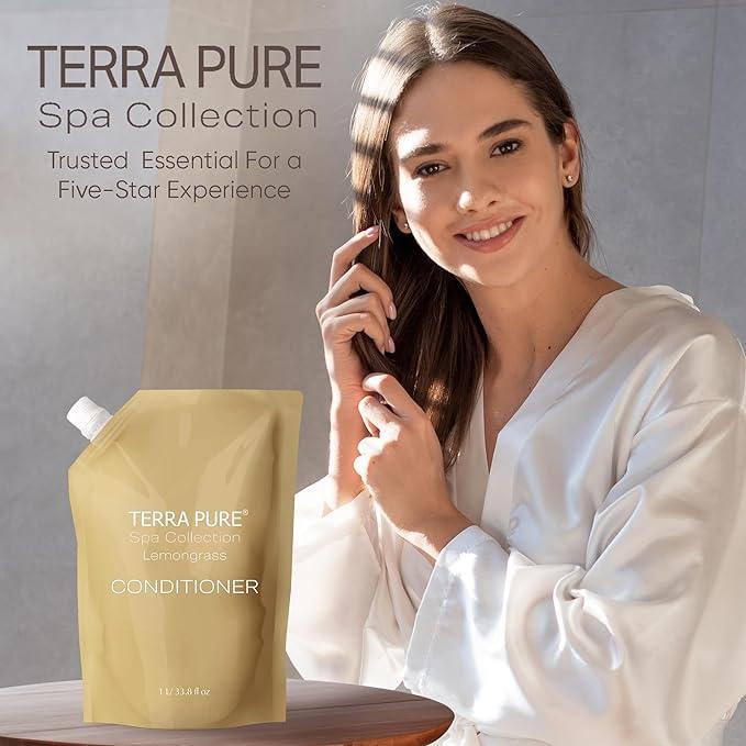 Terra Pure Spa Collection 1 Liter Conditioner Refill Bag For Soap Dispensers | Bulk Toiletries for Vacation Rentals, and Home Bathroom Showers | Green Tea Lemongrass | Set of 12 - ModernBath