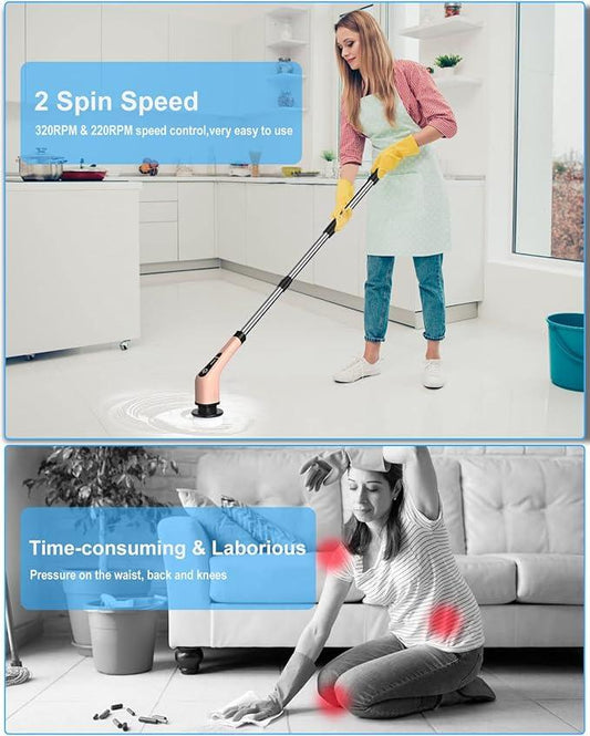 Leebein Electric Spin Scrubber, Cordless Powerful Scrub Brush for Cleaning Bathroom, Kitchen, Shower Tub and Floor Tile with Adjustable Extension Long Handle and 8 Replaceable Brush Heads(Rose) - ModernBath