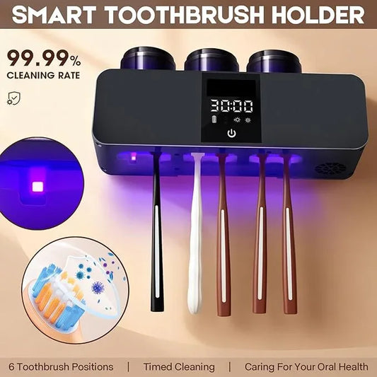 LXIANGN 3 in 1 Toothbrush Cleaner Holders for Bathrooms,Wall Mounted Toothbrush Holders with Drying and Cleaning,Smart LED Screen,6 Toothbrush Slots,3 Cups and Toothpaste Dispenser (Deep Grey) - ModernBath
