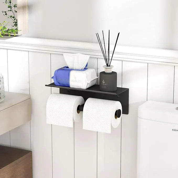 YUMORE Toilet Paper Holder, 304 Stainless Steel Bathroom Double Roll Tissue Holder with Shelf, Wall Mounted Washroom Dual TP Dispenser Storage(Black) - ModernBath