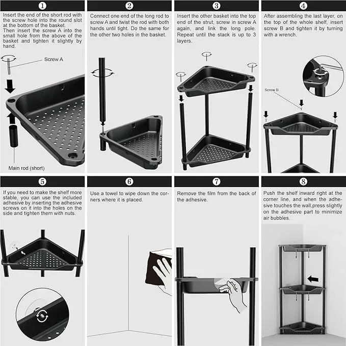 3 Tier Corner Shower Caddy Standing Floor Standing Corner Shower Caddy Organizer Shower Table Plastic Metal Splicing Shelf Storage Rack for Bathroom Black - Rustproof - ModernBath