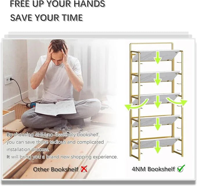 4NM No Assembly 5 Tiers Folding Bookshelf Storage Shelves Vintage Bookcase Standing Racks Study Organizer Home Office (White Gold) - ModernBath
