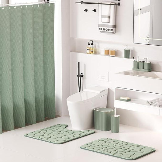 XLHOMO Bathroom Accessories Set - 25PC Sage Bathroom Set, Bathroom Set with Shower Curtain and Rugs, Sage Green Shower Curtain Set, Bathroom Accessory Set, Trash Can & Soap Dispenser - ModernBath