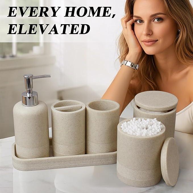 LIN CHUAN 6-Piece Bathroom Accessories Set, Bathroom Accessory Set with Soap Dispenser, Toothbrush Holder Set, Vanity Tray, Tumbler & 2 Cotton Swab Jars, Modern Stylish Bathroom Organizer(Beige) - ModernBath