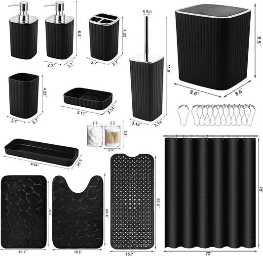 XLHOMO 26PC Bathroom Accessories Set - Gorgeous Black Bathroom Set, Bathroom Accessory Set, Black Shower Curtain Set with Bathtub Mats for Shower Tub - ModernBath