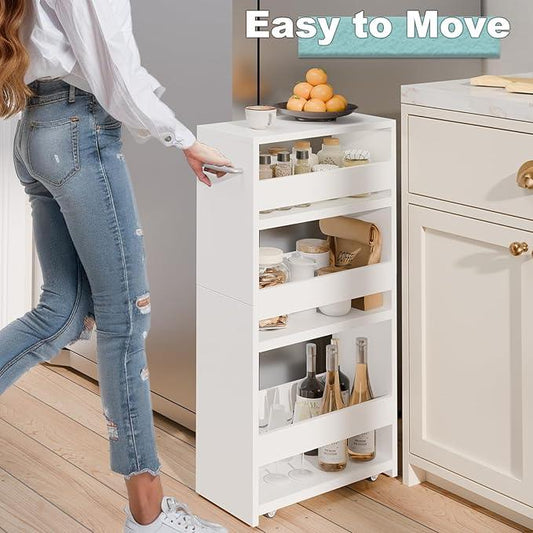 MARTY Rolling Storage Cart 7.9" W, 4-Tier Kitchen Cart with Wheels Handle, Slim Storage Cart Mobile Shelving Utility Carts for Bathroom Laundry Room Organization Narrow Places (All White) - ModernBath