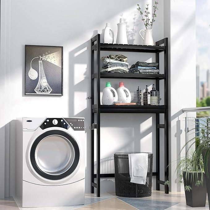 Homykic Bamboo Over The Toilet Storage Shelf, 3-Tier Above Toilet Storage Organizer Rack with 3 Hooks, Freestanding Bathroom Tower Shelf Unit for Small Space, No Rust, Easy to Assemble, Black - ModernBath
