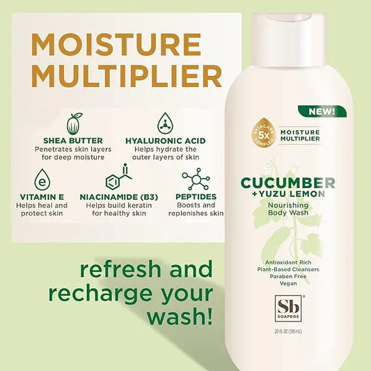 Soapbox Cucumber + Yuzu Lemon Body Wash for Women, Men, Vegan + Antioxidant Rich, Soothing, Moisturizing Soap with Shea Butter, Peptides & Keratin Promoting B3, 3 Pack, 20oz Each - ModernBath