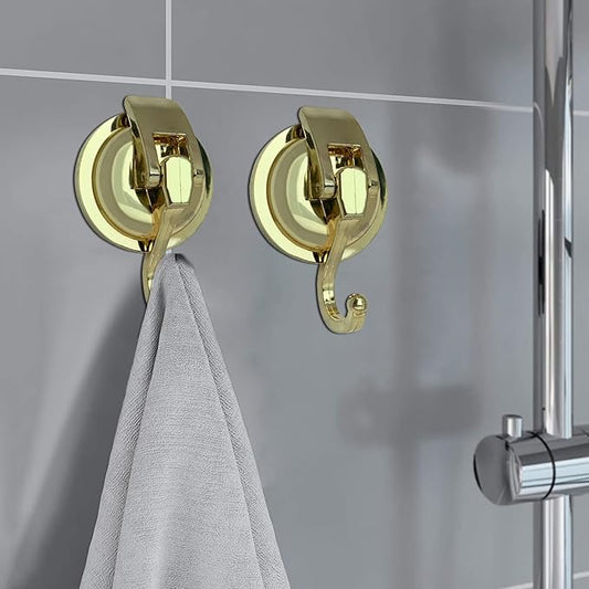 Suction Cup Shower Hooks - Heavy Duty, Glass Suction Hooks for Bathroom Robes and Decorations (Gold, 4 Pack)