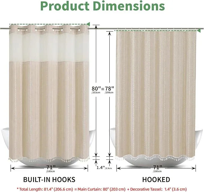 eachope No Hook Long Shower Curtain Set with Snap-in Fabric Liner,Linen Textured Thick Striped Fabric with Tassels,Boho Farmhouse Rustic Luxury Bathroom Curtain,Water-Repellent,Cream/Beige,71x80 - ModernBath