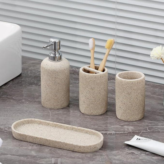 Bathroom Accessories Set, Bathroom Organizer Countertop, Soap Dispenser and Toothbrush Holder, Mouthwash Cup, Tray Set, Vanity Tray for Bathroom, 4 Pieces Modern Decor (Beige) - ModernBath