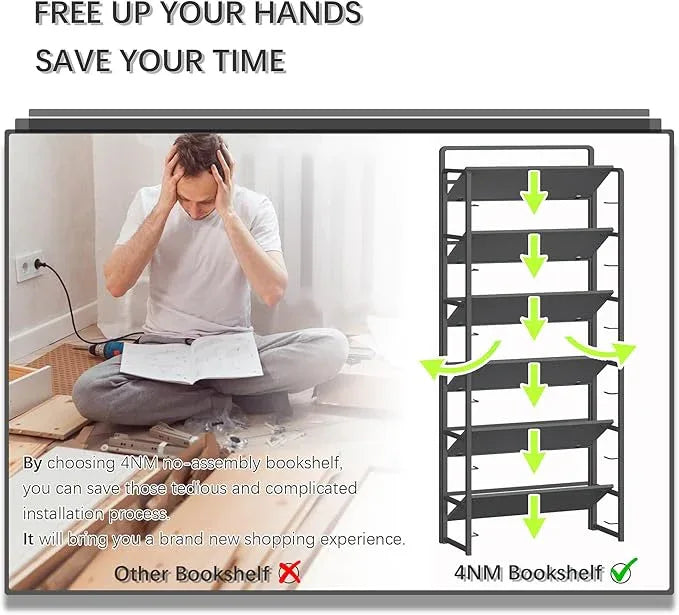 4NM No Assembly 6 Tiers Folding Bookshelf Storage Shelves Vintage Bookcase Standing Racks Study Organizer Home Office (All Black) - ModernBath