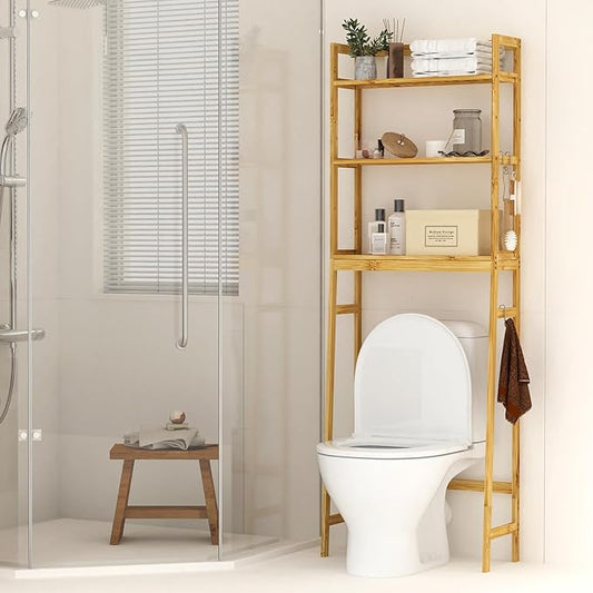 BAMBANG Over The Toilet Storage Rack, 3-Tier Over The Toilet Storage Shelf with 3 Hooks, Freestanding Above Toilet Bathroom Organizer Shelves for Space Saver Storage, Bamboo Natural