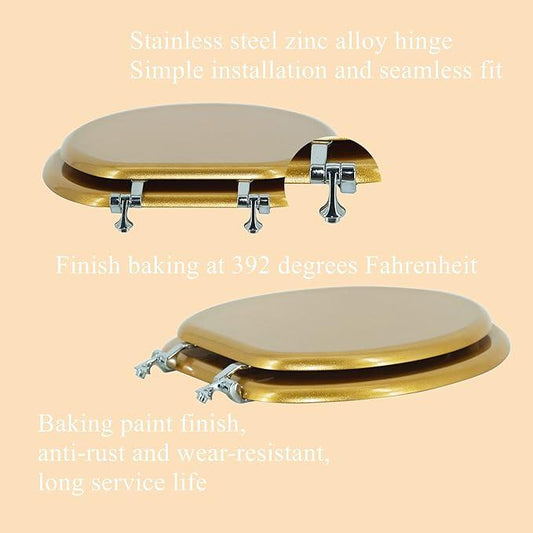 BLOFDE Round Toilet Seat Wood Toilet Seat Prevent Shifting with Zinc Alloy Hinges American Standard Size Toilet Seat Easy to Install also Easy to Clean(Round,Sparkling Classical Gold) - ModernBath