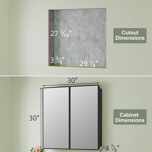Buruis 30" x 30" Framed Medicine Cabinet with Mirror, Recessed or Wall Mounted Bathroom Cabinet, Adjustable Tempered Glass Shelves, Left/Right Open Reversible, No Assembly Required, Black