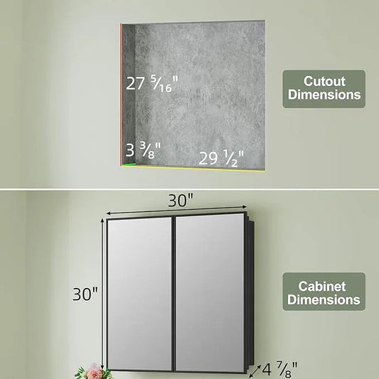 Buruis 30" x 30" Framed Medicine Cabinet with Mirror, Recessed or Wall Mounted Bathroom Cabinet, Adjustable Tempered Glass Shelves, Left/Right Open Reversible, No Assembly Required, Black - ModernBath