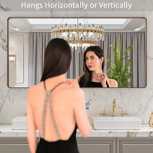 LOAAO 60”X30” Bronze Bathroom Mirrors for Vanity, Rounded Rectangle Brushed Bronze Metal Frame Mirror, Anti-Rust, Tempered Glass, Hangs Horizontally or Vertically - ModernBath