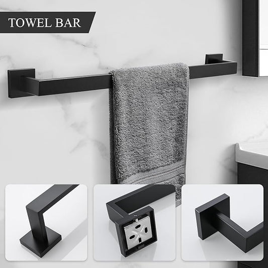 TURS 4-Piece Bathroom Hardware Set Black Towel Bar Set Stainless Steel Towel Bar Hand Towel Holder Toilet Paper Holder Towel Hooks Wall Mount
