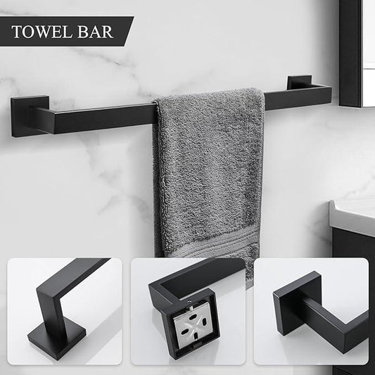 TURS 4-Piece Bathroom Hardware Set Black Towel Bar Set Stainless Steel Towel Bar Hand Towel Holder Toilet Paper Holder Towel Hooks Wall Mount - ModernBath