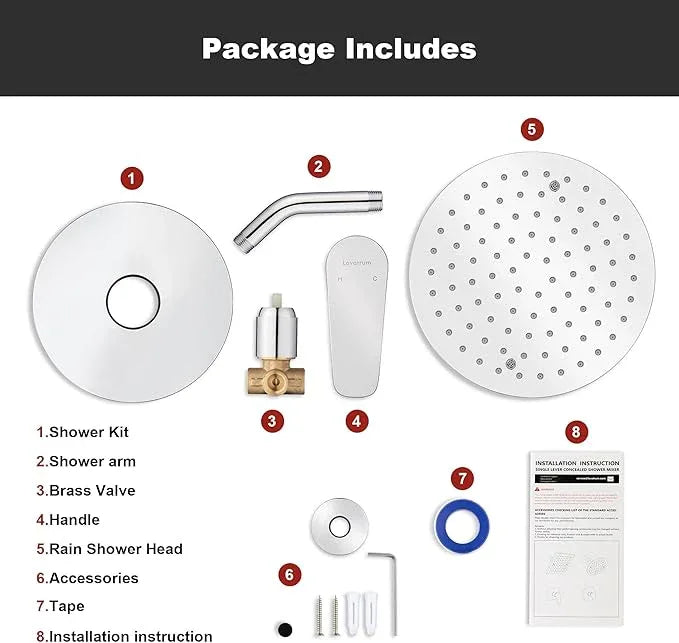 Lavatrum Premium Chrome Shower Head And Faucet Set Single Spray Wall Mount 8 Inch Rain Fall Round Shower Faucet with Rough-in Valve and Trim Kit for Bathroom - ModernBath