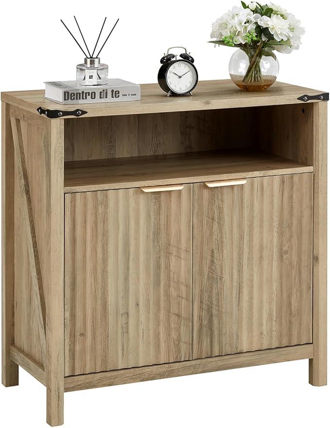 Buffet Cabinet with Storage - Modern Farmhouse Rustic 32 Fluted Sideboard Storage Cabinet Buffet with Adjustable Shelves, Coffee Wine Bar Organizer for Dining Room (Sunwashed Ash Oak) - ModernBath