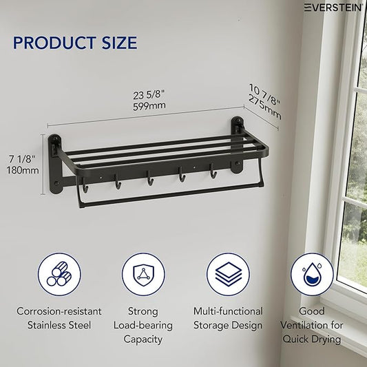 Bathroom Towel Rack with Storage Shelf and 5 Hooks, 23.6 in Foldable Towel Shelf Bar, Wall Mounted Lavatory Organizer,Matte Black