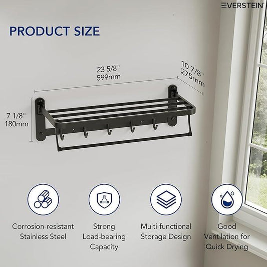 Bathroom Towel Rack with Storage Shelf and 5 Hooks, 23.6 in Foldable Towel Shelf Bar, Wall Mounted Lavatory Organizer,Matte Black - ModernBath
