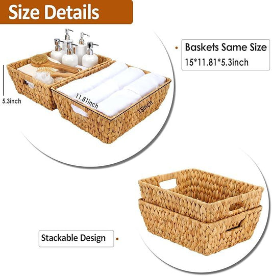Wicker Baskets 2 Pack, Water Hyacinth Wicker Storage Basket with Handles for Organizing, Handmade Large Baskets, Natural - ModernBath