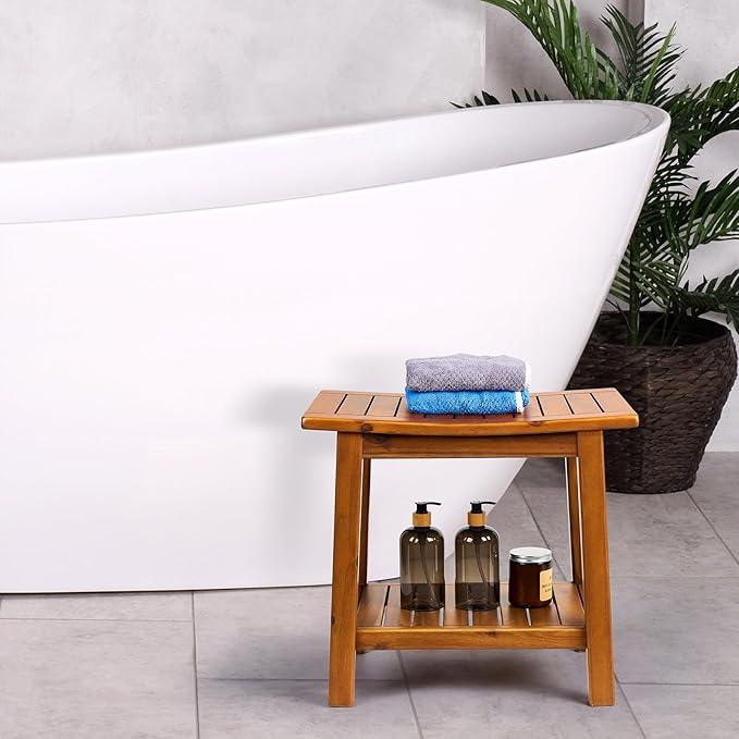 Upolana Teak Shower Bench, 20" Solid Wood Shower Stool Waterproof Shower Seat with Storage Shelf for Bathroom, Indoor & Outdoor Use - ModernBath